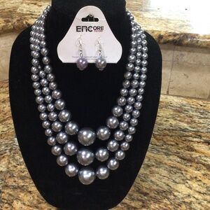 Encore grey three tier beaded necklace with matching earrings. Nwt